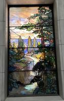 Illinois, Chicago, Rosehill Cemetery, Community Mausoleum: Sears Memorial Window:  landscape with conifers and water