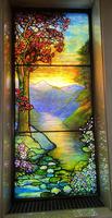 Illinois, Chicago, Rosehill Cemetery, Community Mausoleum: Bamberger Memorial Window:  landscape with tree at left, mountains and water