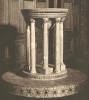 Lansing Memorial Font:  baptismal font, rose pink Numidian marble, enriched by layers of gold mosaic, contrasted with mother of pearl and Connemara green